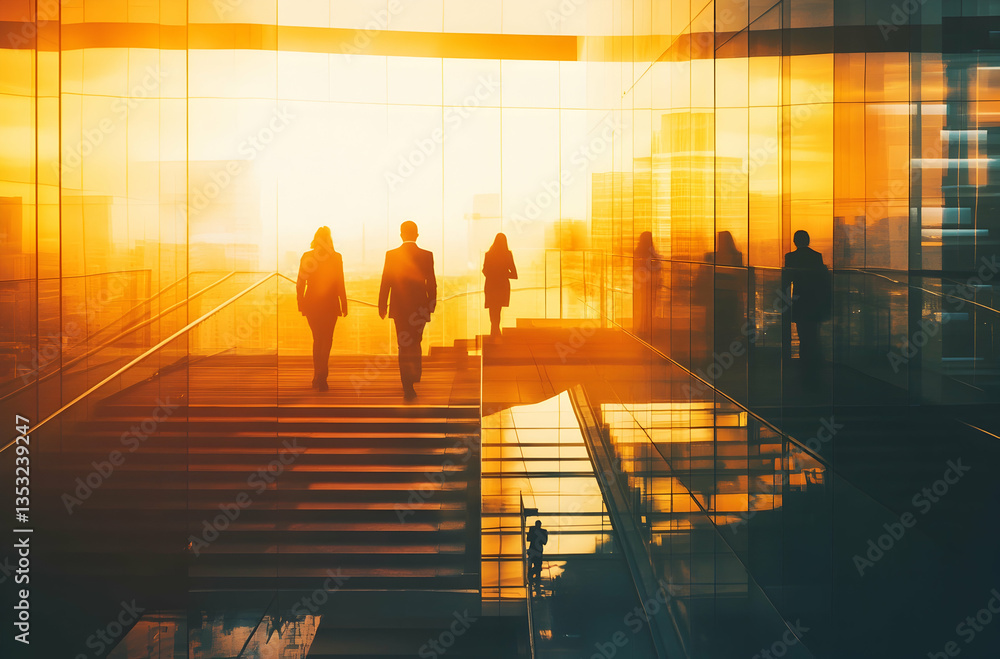 Fototapeta premium Silhouette Of Professionals Walking On Stairs At Sunset In A Modern Cityscape