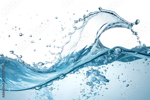 A refreshing wave of pure, sparkling water crests against a white backdrop, its translucent energy captured in a vibrant splash of cool blue tones.