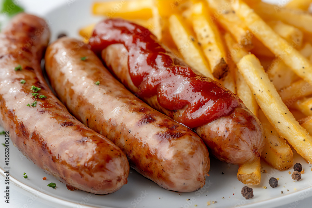 a plate of german-style bratwurst with a rich ketchup sauce and golden yel a plate of german-style bratwurst with a rich ketchup sauce and golden yel