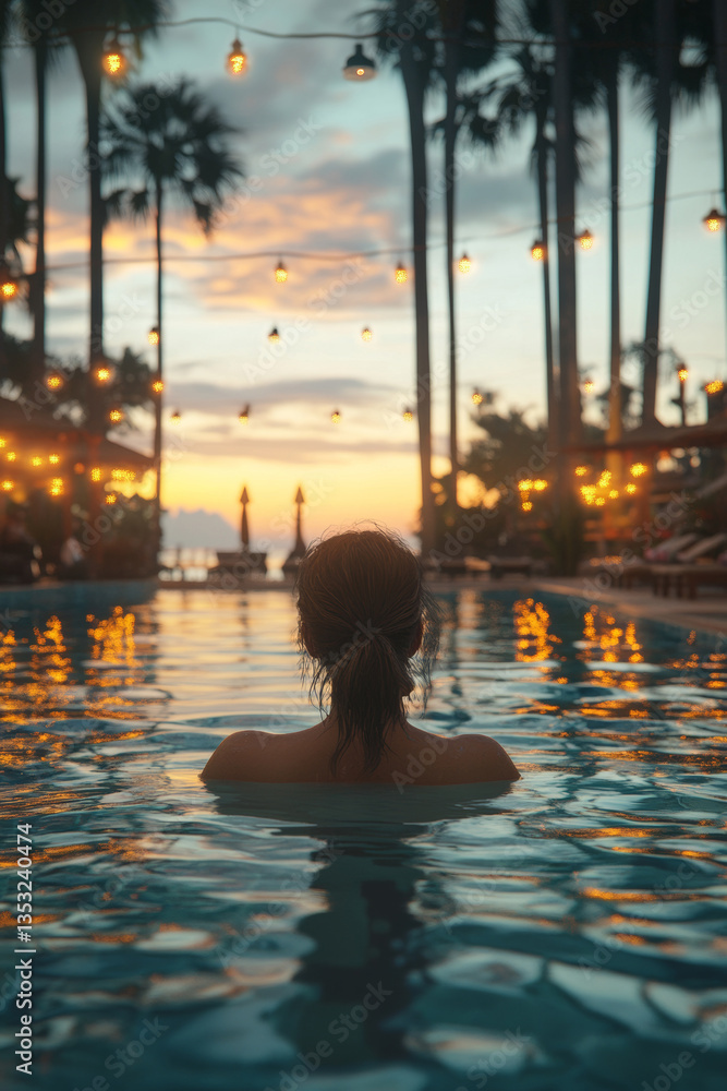 young woman swims in pool at hot resort in hotel in summer at dusk, camera at water level, yellow restaurant lights in background, tall palm trees in background young woman swims in pool at hot resort in hotel in summer at dusk, camera at water level, yellow restaurant lights in background, tall palm trees in background