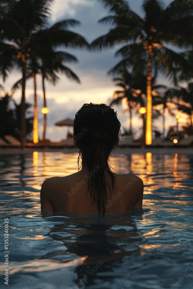 young woman swims in pool at hot resort in hotel in summer at dusk, camera at water level, yellow restaurant lights in background, tall palm trees in background young woman swims in pool at hot resort in hotel in summer at dusk, camera at water level, yellow restaurant lights in background, tall palm trees in background