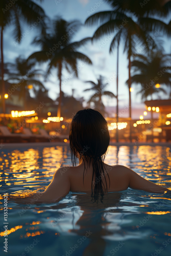 young woman swims in pool at hot resort in hotel in summer at dusk, camera at water level, yellow restaurant lights in background, tall palm trees in background young woman swims in pool at hot resort in hotel in summer at dusk, camera at water level, yellow restaurant lights in background, tall palm trees in background
