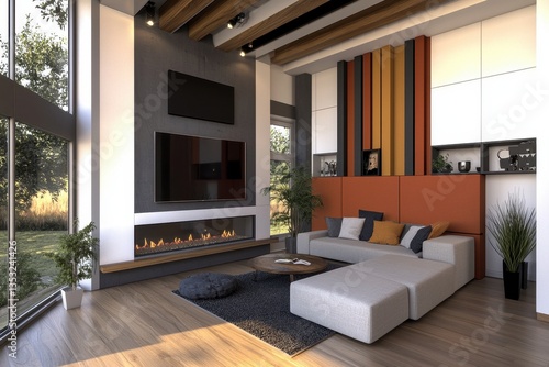 Wallpaper Mural Modern Living Room with Cozy Fireplace and Vibrant Wall Decor Torontodigital.ca