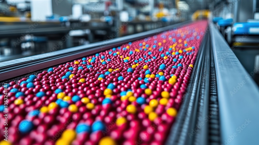 Fototapeta premium Colorful Candies on Conveyor Belt in Factory