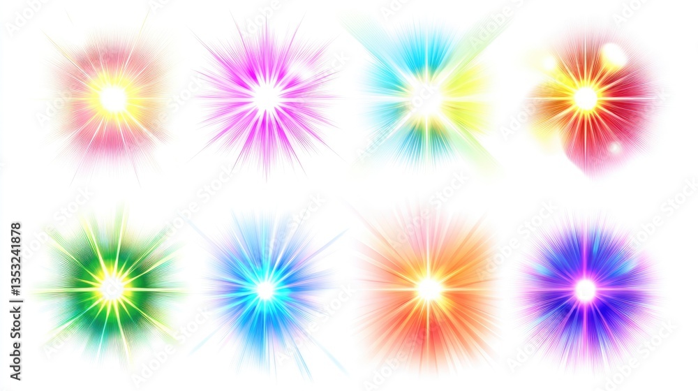 A vibrant collection of colorful starbursts and light effects, ideal for graphic design and creative projects A vibrant collection of colorful starbursts and light effects, ideal for graphic design and creative projects