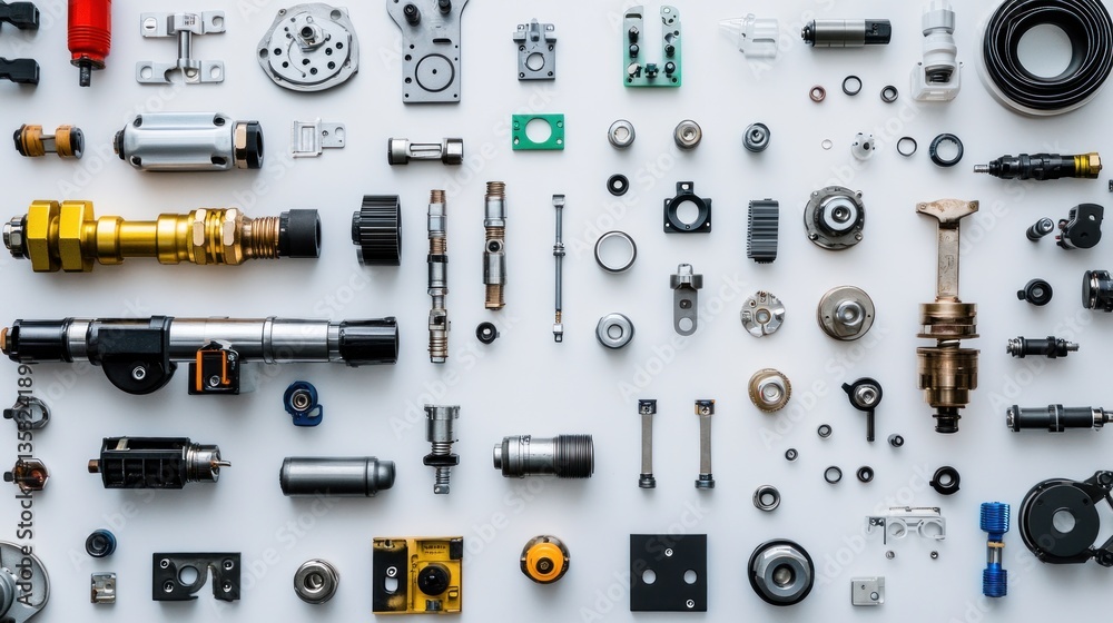 Flat lay of various mechanical parts and components on white background. (1) Flat lay of various mechanical parts and components on white background. (1)