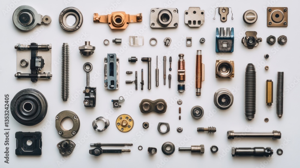 Flat lay of various metal machine parts and components arranged on white background. Flat lay of various metal machine parts and components arranged on white background.