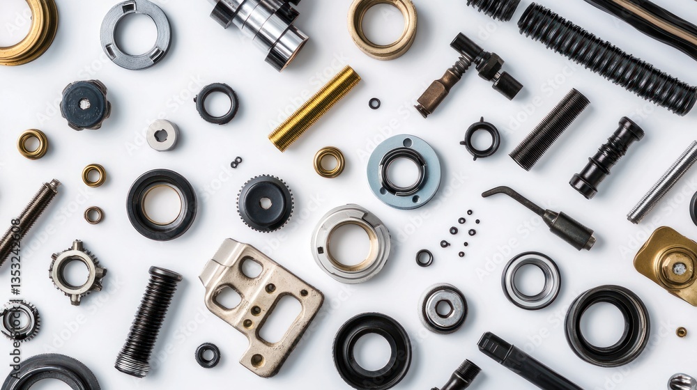Fototapeta premium Flat lay of various metal parts and components on white background. (2)