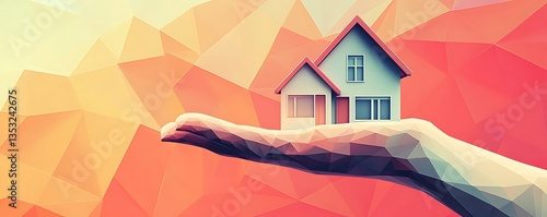 A minimalist composition showcasing an open hand presenting a stylized low-poly country house icon against a vibrant geometric backdrop, illustrating creative real estate concepts