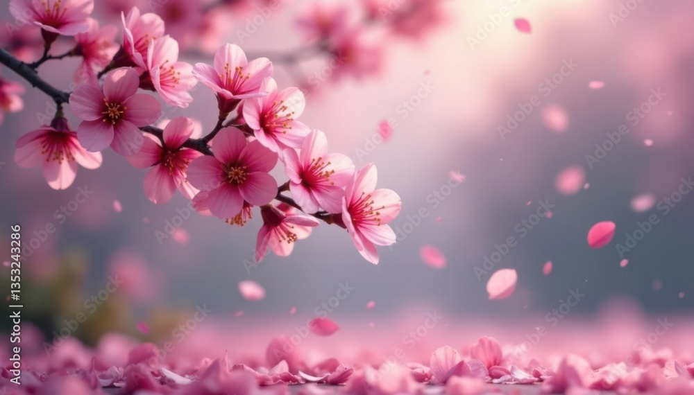 Soft pink sakura petals gently falling on a misty spring morning , seasonal, fall Soft pink sakura petals gently falling on a misty spring morning , seasonal, fall