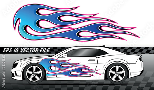 Tribal fire flame electric race car body side vinyl sticker vector eps art image file. Burning tires and flames sport car decal.