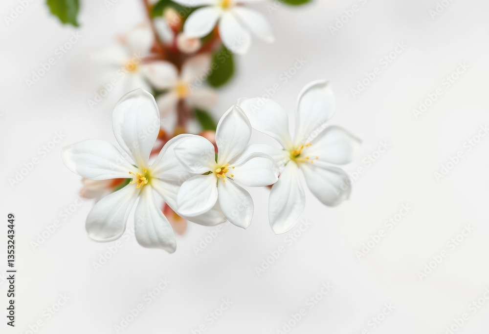 Fototapeta premium Delicate white jasmine blossoms, pristine petals against a pure white backdrop, bloom photography, soft