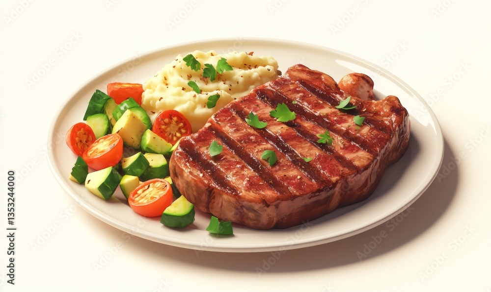 Isometric steak on a plate with mashed potatoes and vegetables, hearty dinner meal, 3D icon set Isometric steak on a plate with mashed potatoes and vegetables, hearty dinner meal, 3D icon set