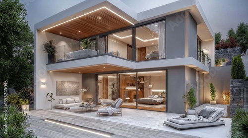 Modern Two-Story House with Stylish Architecture and Cozy Outdoor Space