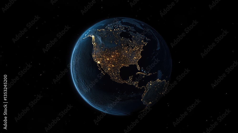 Fototapeta premium A stunning view of Earth at night showcasing illuminated cities across North America and parts of South America