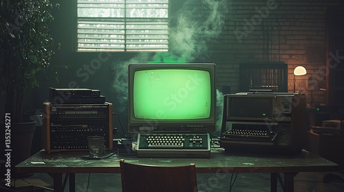 Retro computer setup with green screen in smoky room.