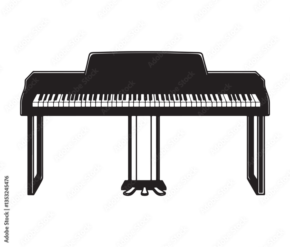 Silhouette piano keys isolated on white. Minimalist digital piano illustration with pedals.