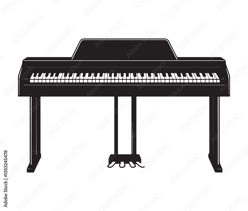 Fototapeta premium Silhouette piano keys isolated on white. Minimalist digital piano illustration with pedals.