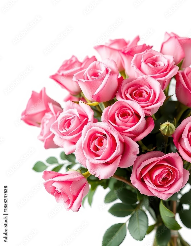 A lush bouquet of pink roses, meticulously arranged, isolated against a pure white background, delicate, cutout, blossom