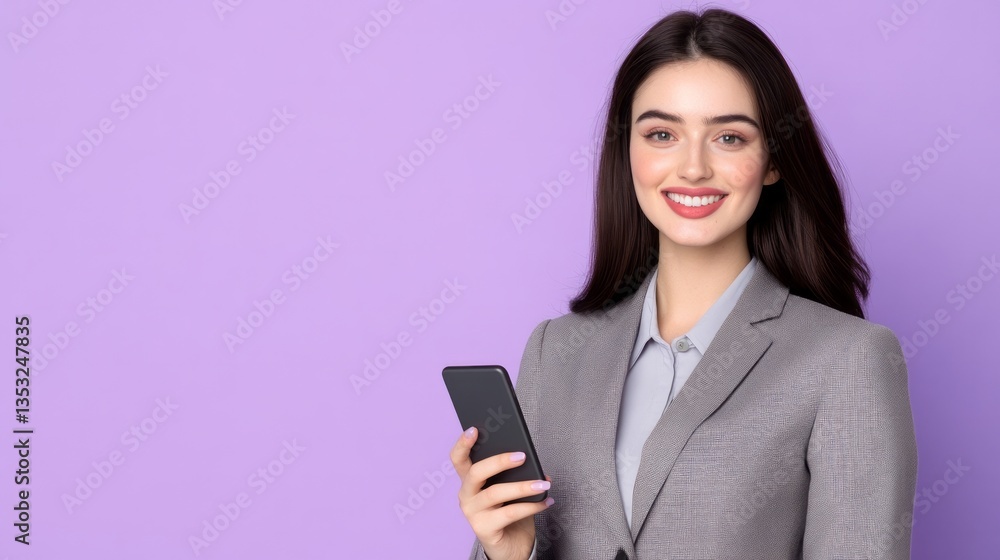 Attractive businesswoman in gray suit holds her smartphone smiling warmly Attractive businesswoman in gray suit holds her smartphone smiling warmly