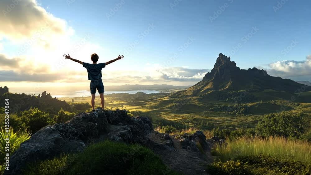 Embracing the Horizon: Silhouette of a man standing triumphantly atop a rocky outcrop, arms outstretched toward a breathtaking landscape, with a mountain in the distance. Embracing the Horizon: Silhouette of a man standing triumphantly atop a rocky outcrop, arms outstretched toward a breathtaking landscape, with a mountain in the distance.