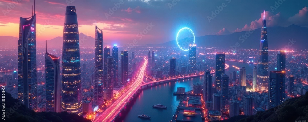 Fototapeta premium Futuristic cityscape with information display, modern, cityscape