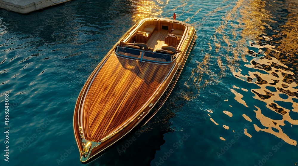 Obraz premium A beautiful wooden speedboat cruising upon shimmering blue water