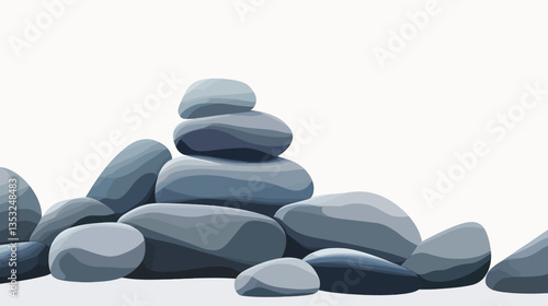 Digital illustration depicting a group of smooth, grey and blue stones and pebbles on a white background.  Several stones are stacked in a pyramid shape, while others are scattered around the base.