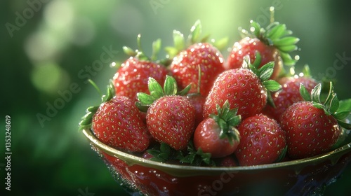 Fresh, ripe strawberries in a bowl, glistening with water droplets, bathed in sunlight.