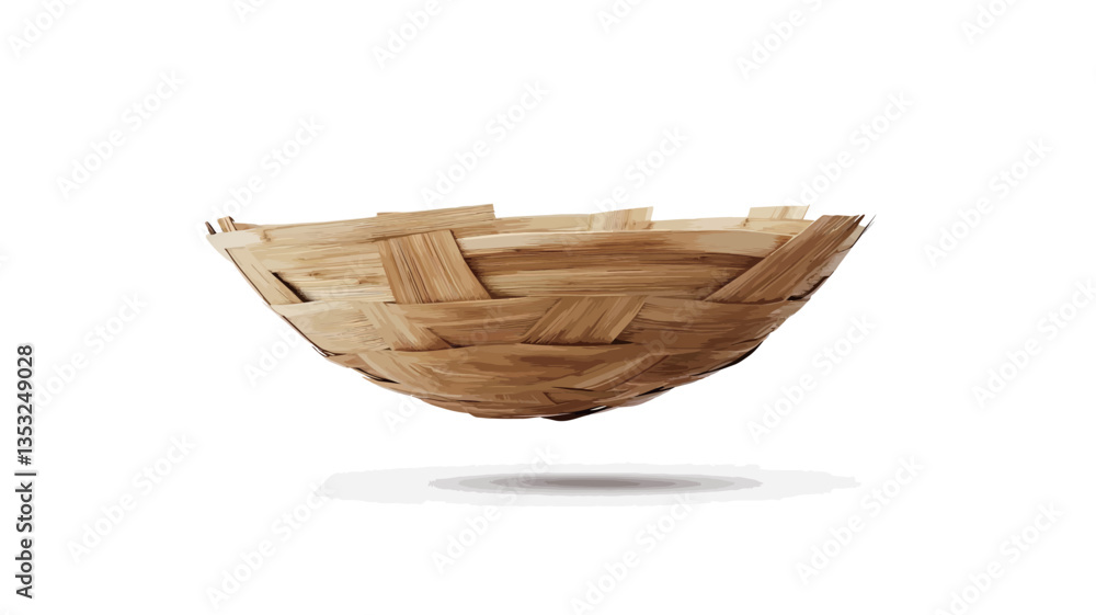 Obraz premium Close-up studio shot of an empty, woven bowl or bird's nest-like structure. The object is light brown, appearing to be made from thin, interwoven strips of wood or similar material. It is