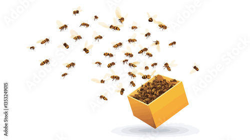 A digital illustration depicts a yellow, cube-shaped box from which numerous small, dark brown bees are emerging and flying in various directions. The bees are depicted in a stylized manner, not
