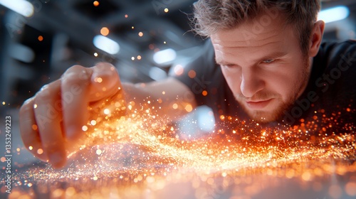Man Reaching Towards Glowing Particles Concept Close Up Sparkle Energy Abstract