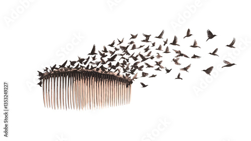 The image depicts a stylized illustration or graphic design.  A wooden comb is centrally positioned, with numerous small, dark, bird-like silhouettes arranged along the comb's teeth.  Additional