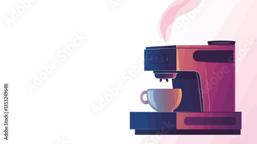 A digital illustration depicting a modern espresso machine brewing coffee. The machine is rendered in shades of pink, purple, and blue with a gradient effect. A small cup of coffee is positioned