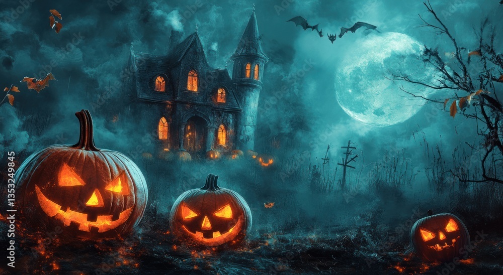 Halloween pumpkins in front of haunted castle at night Halloween pumpkins in front of haunted castle at night