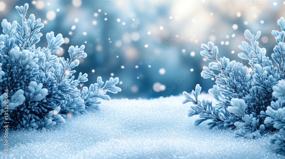Frosty winter scene with snow-covered plants and bokeh background. Frosty winter scene with snow-covered plants and bokeh background.