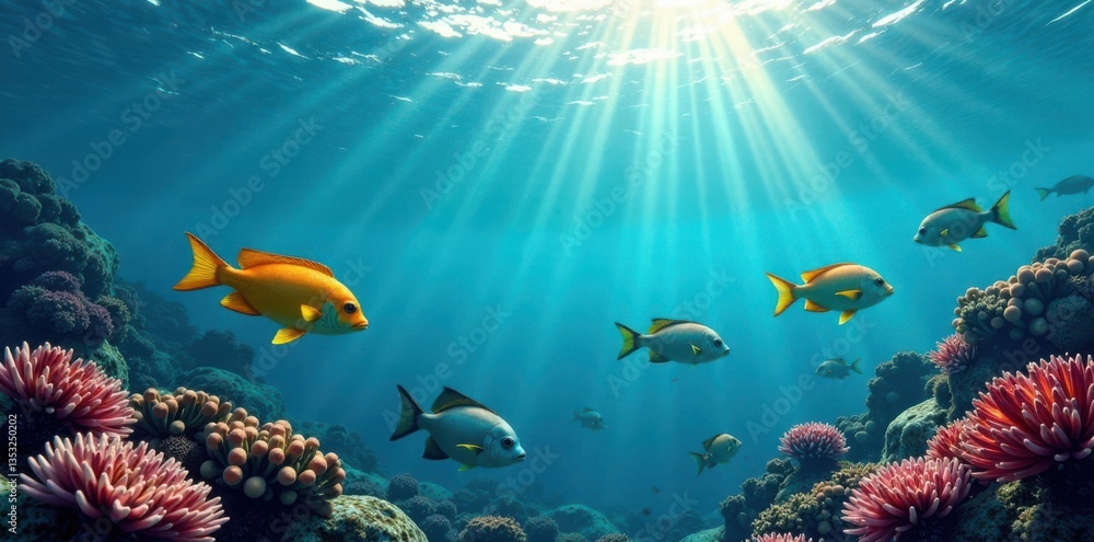 Fototapeta premium School of fish swim beneath the surface of waves, water, marine