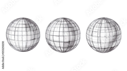 The image contains three grayscale illustrations of globes. Each globe is depicted as a sphere with a grid pattern suggesting latitude and longitude lines. The style is a simple graphite sketch,