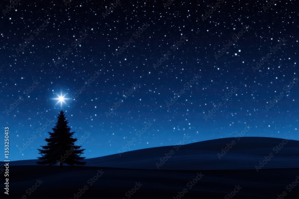 Naklejka premium Starry Night Sky Over Snowy Landscape with Christmas Tree