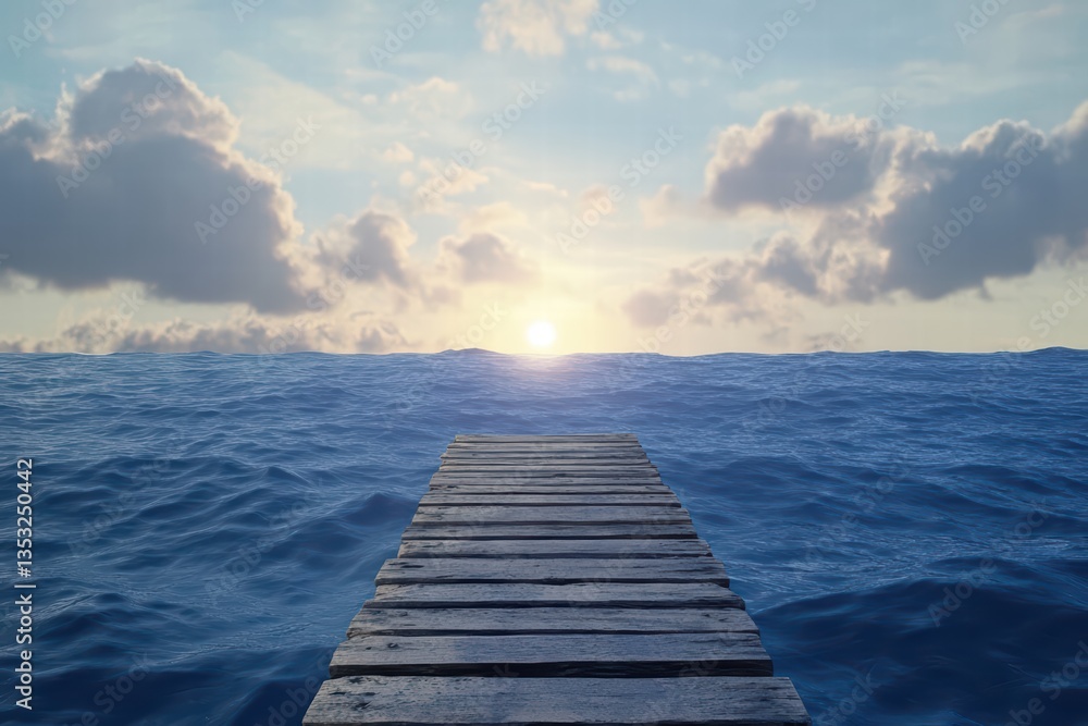 Obraz premium Serene Sunset Over Ocean Viewed from Weathered Wooden Dock