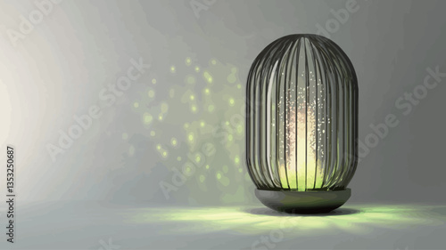 A digital rendering of a modern, minimalist lantern. The lantern is oval-shaped with a metal cage structure, allowing light to shine through.  The light source inside emits a soft, warm yellow-green