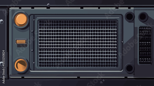 Close-up view of a dark gray metallic industrial ventilation grille. The grille features a repeating grid pattern and is accented with two round, orange-colored elements on either side.  The overall