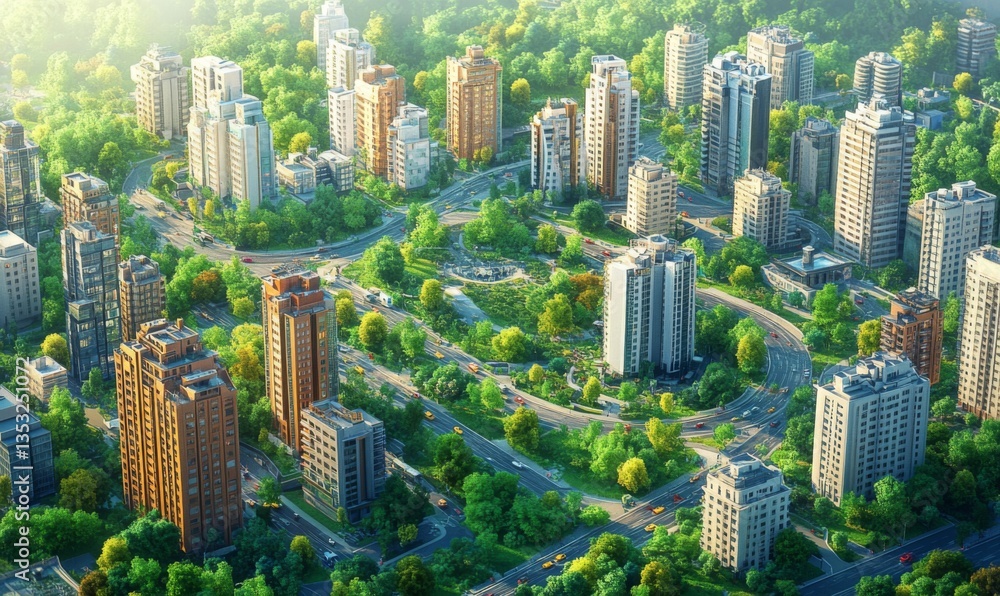 Fototapeta premium Isometric modern cityscape with skyscrapers, parks, and traffic, detailed urban environment, 3D illustration
