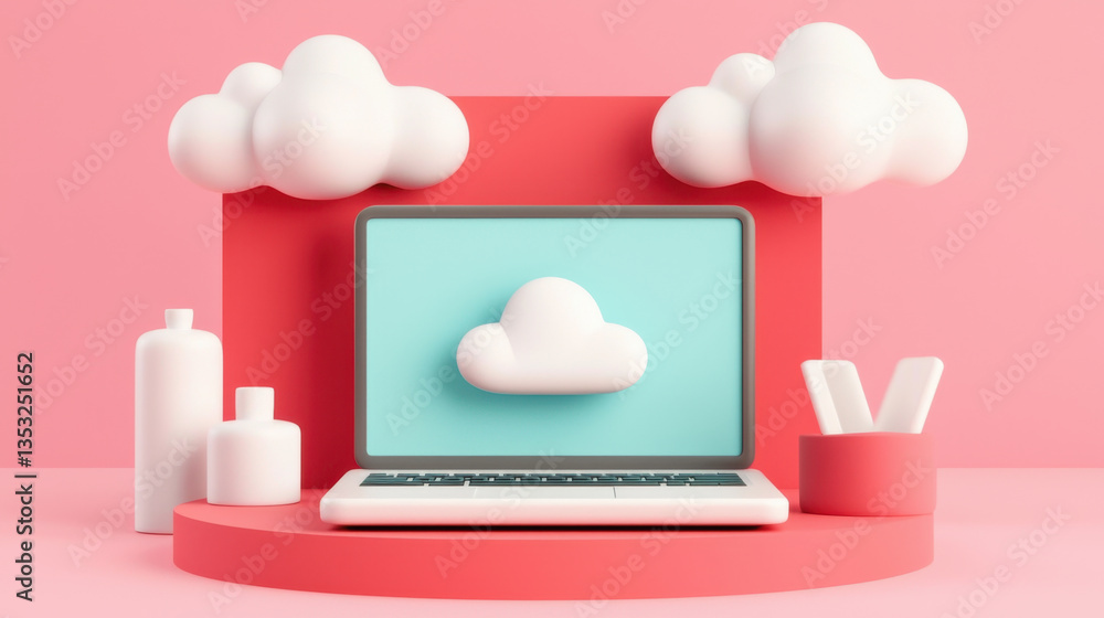 3D icon of laptop with cloud on screen surrounded by decorative elements creates modern feel. 3D icon for Advertising 3D icon of laptop with cloud on screen surrounded by decorative elements creates modern feel. 3D icon for Advertising