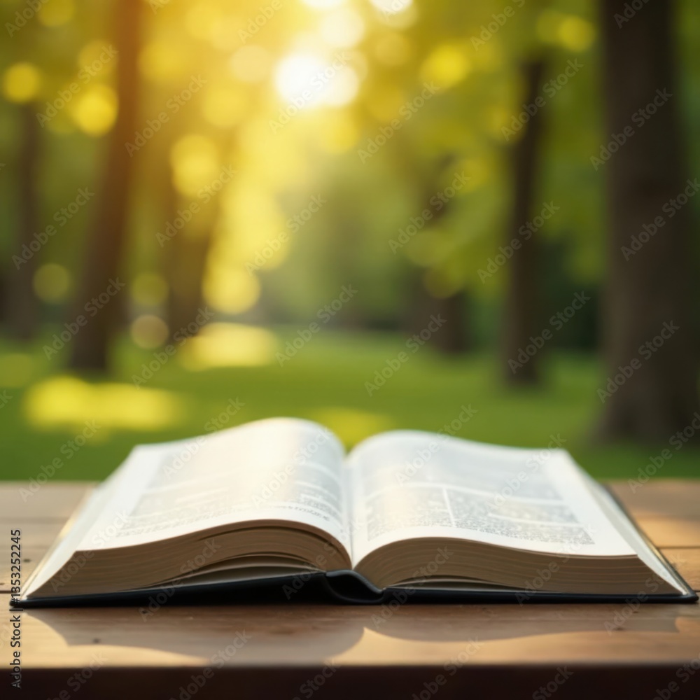 Wood table with open booklet, blurred natural scenery outside, earthy tones, nature, landscape Wood table with open booklet, blurred natural scenery outside, earthy tones, nature, landscape