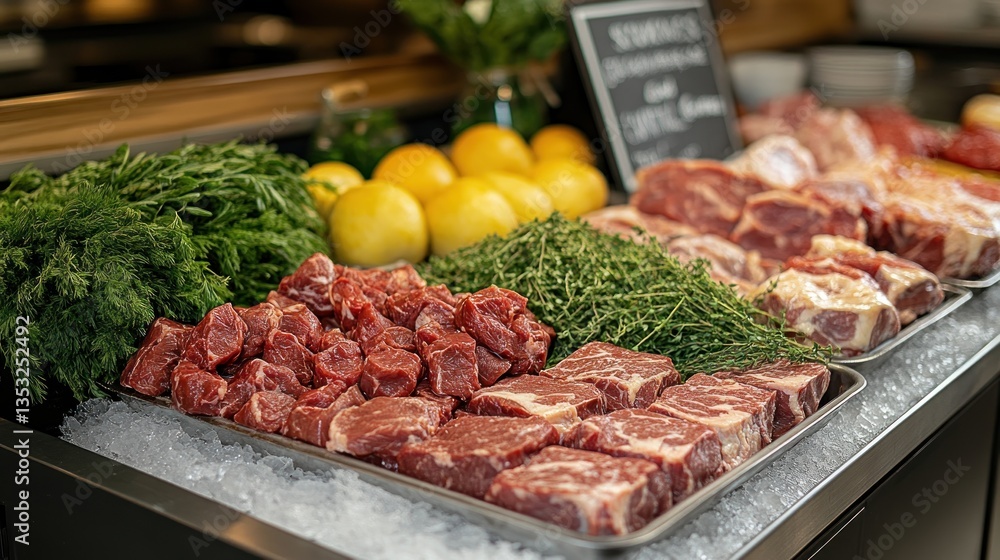 Butcher Shop Display of Premium Cuts of Beef, Fresh Herbs, and Citrus Butcher Shop Display of Premium Cuts of Beef, Fresh Herbs, and Citrus