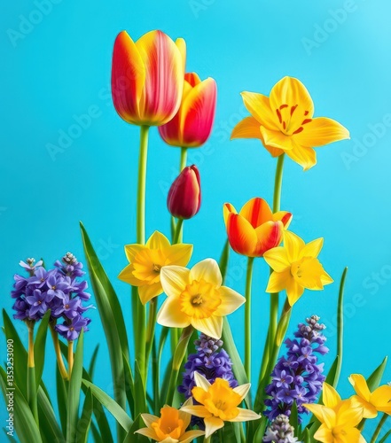 Vibrant tulips, daffodils, and hyacinths bloom against a serene blue backdrop, pastel, floral