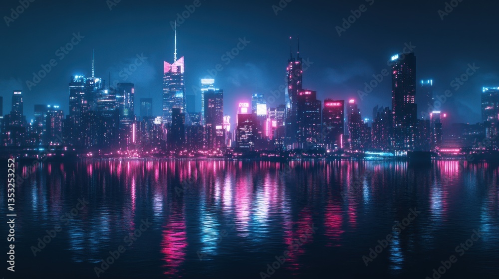 Futuristic city skyline at night, reflecting in calm water; vibrant pink and blue neon lights. Futuristic city skyline at night, reflecting in calm water; vibrant pink and blue neon lights.