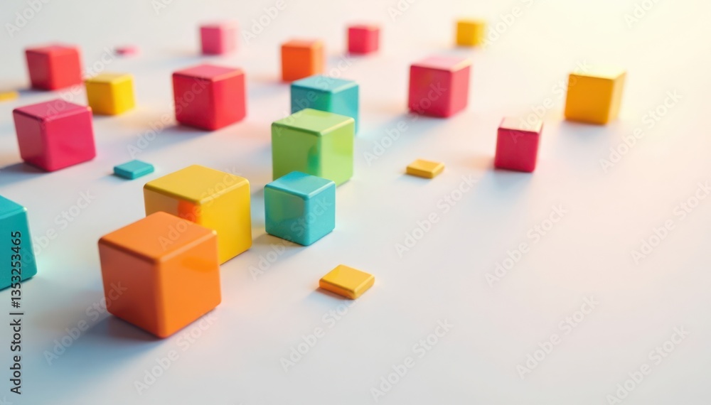 Colorful blocks of cubed shapes placed randomly on a plain white surface leaving ample space, geometric pattern, cube Colorful blocks of cubed shapes placed randomly on a plain white surface leaving ample space, geometric pattern, cube