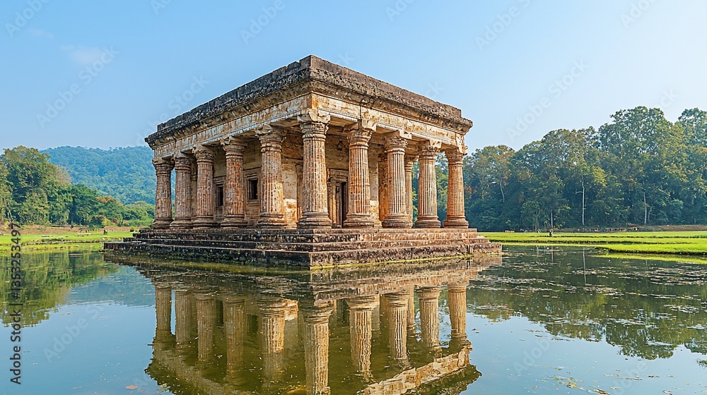 Ancient stone temple reflected in calm water, surrounded by lush greenery.